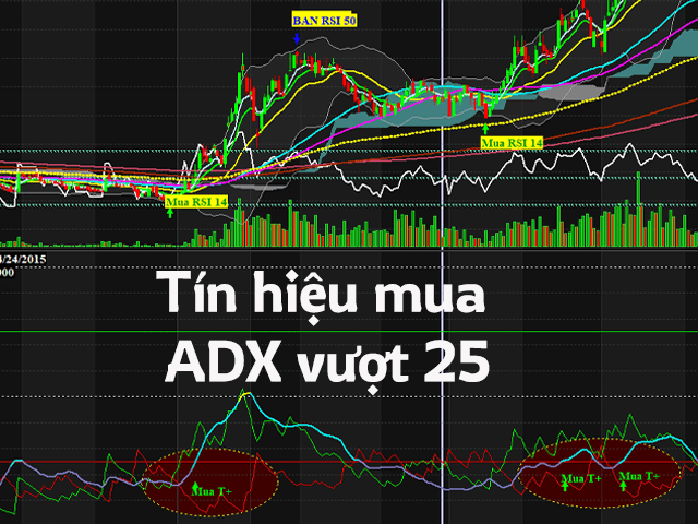 Tín hiệu mua ADX khi vượt đường 25 và +DI hướng lên