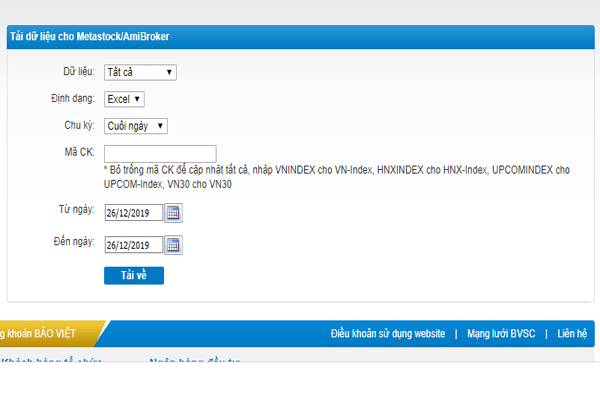 Download dữ liệu cổ phiếu Excecl của BVSC