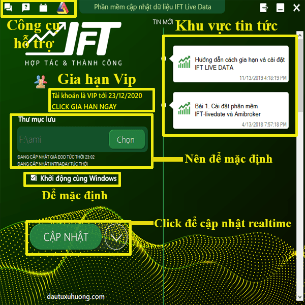 Hình 1: Phần mềm cập nhật dữ liệu Amibroker và Metastock IFT LIVE DATA