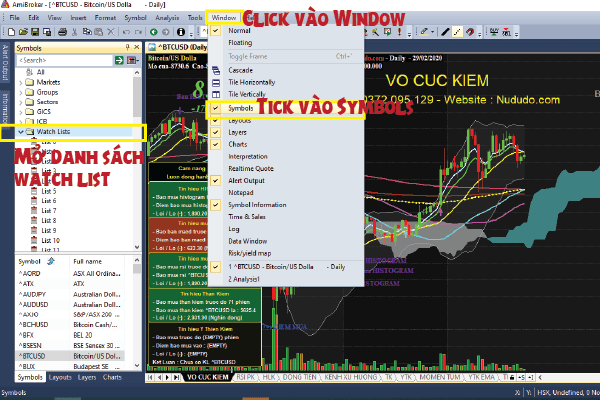 Mở Watch Lists trên tab Window của Amibroker