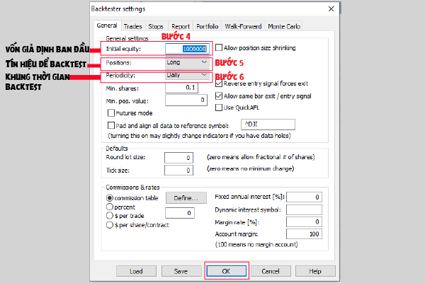 Hình 3: Cách thiết lập settings backtest Amibroker