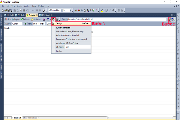 Hình 2: Thiết lập settings backtest trong Amibroker