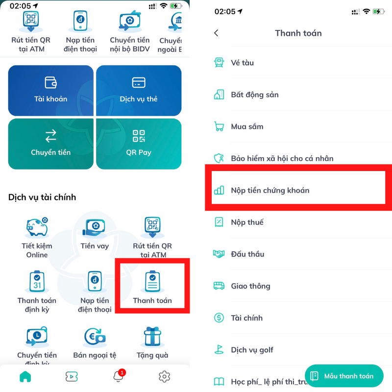 Chọn mục thanh toán để nộp tiền vào tài khoản chứng khoán VPS