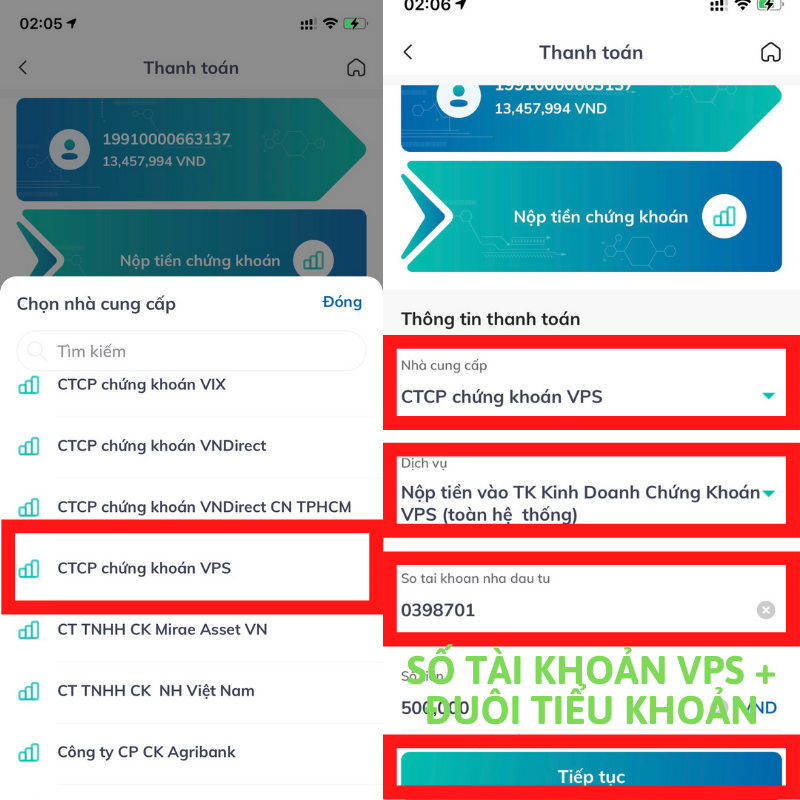 Điền thông tin số tài khoản, số tiền để nộp tiền vào tài khoản chứng khoán VPS