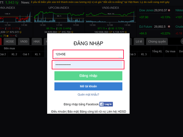 Cách đăng nhập tài khoản chứng khoán VPS trên bảng giá