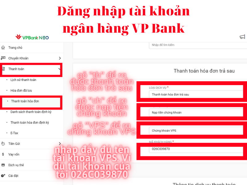 Cách nộp tiền vào tài khoản chứng khoán VPS trên Website VP Bank
