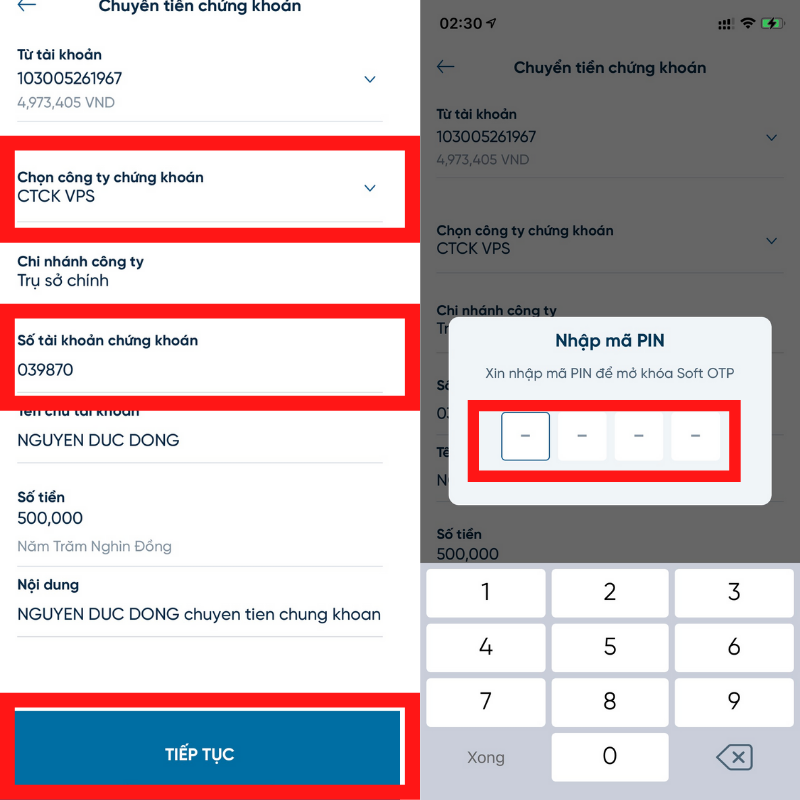 Nhập thông tin cần chuyển và mã OTP để hoàn tất nộp tiền vào tài khoản chứng khoán VPS