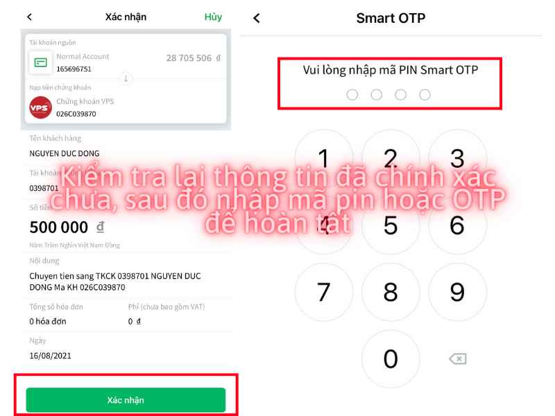 Kiểm tra lại thông tin, nếu đúng thì click xác nhận để nộp tiền vào tài khoản chứng khoán VPS