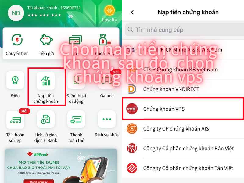 Lua chon nop tien vao tai khoan chung khoan vps tren VPBank mobile