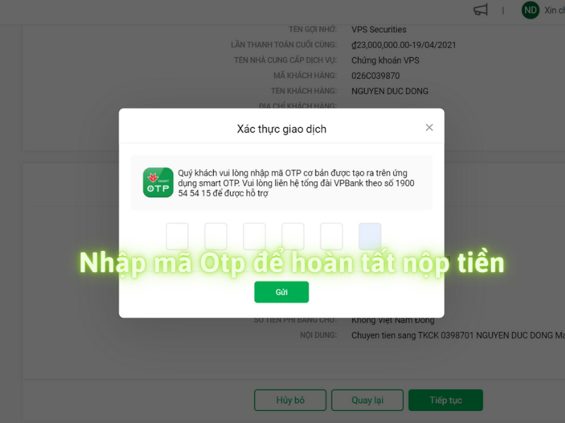 Nhap ma OTP de hoan tat nop tien vao tai khoan chung khoan VPS