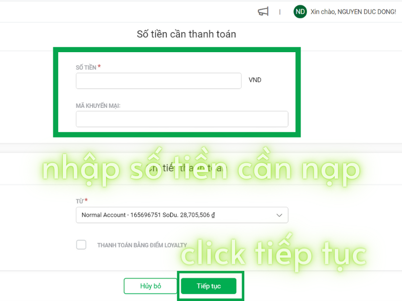 Nhập số tiền để nộp tiền vào tài khoản chứng khoán VPS