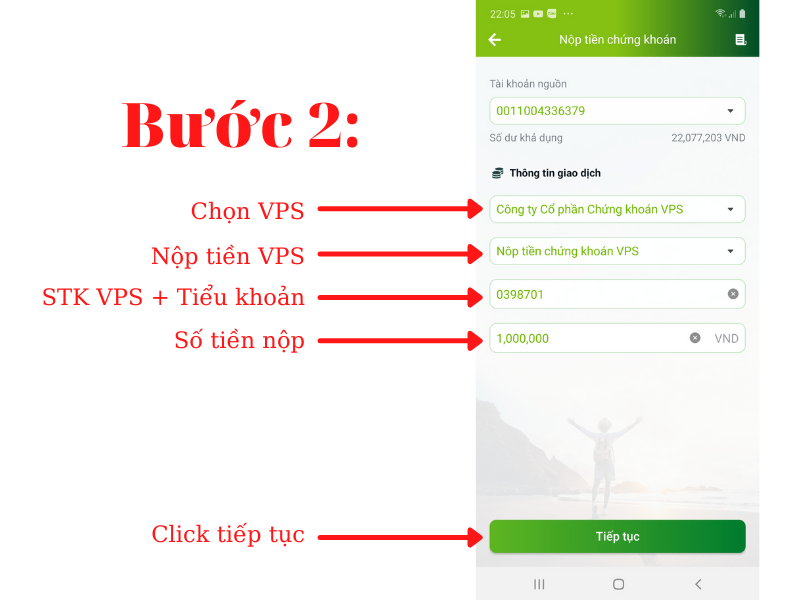Nhập thông tin cần thiết để chuyển tiền vào tài khoản chứng khoán VPS từ Vietcombank