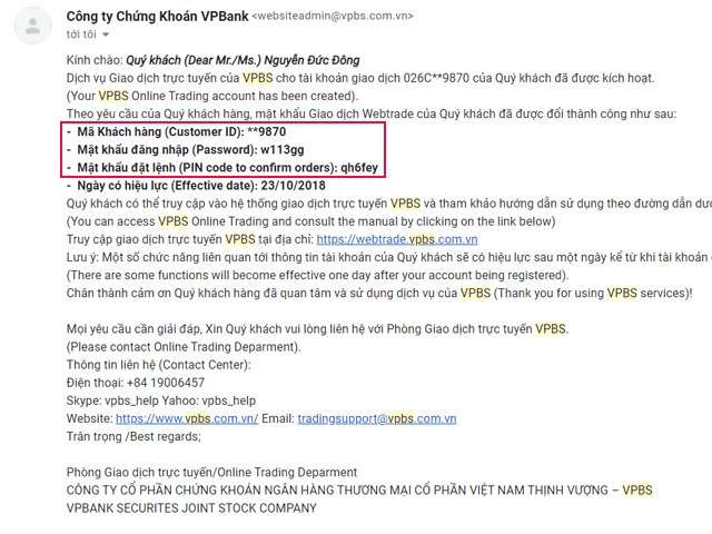 Thông tin khách hàng được gửi về Email sau khi đăng ký mở tài khoản chứng khoán VPS