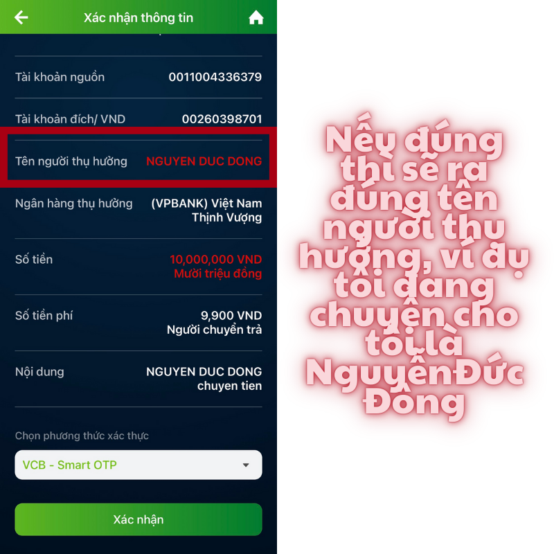Xác nhận để nộp tiền vào tài khoản chứng khoán VPS sử dụng định danh 0026 VP Bank