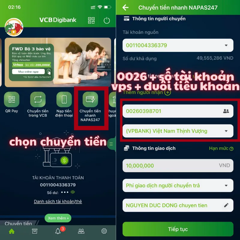 Nộp tiền vào tài khoản chứng khoán VPS