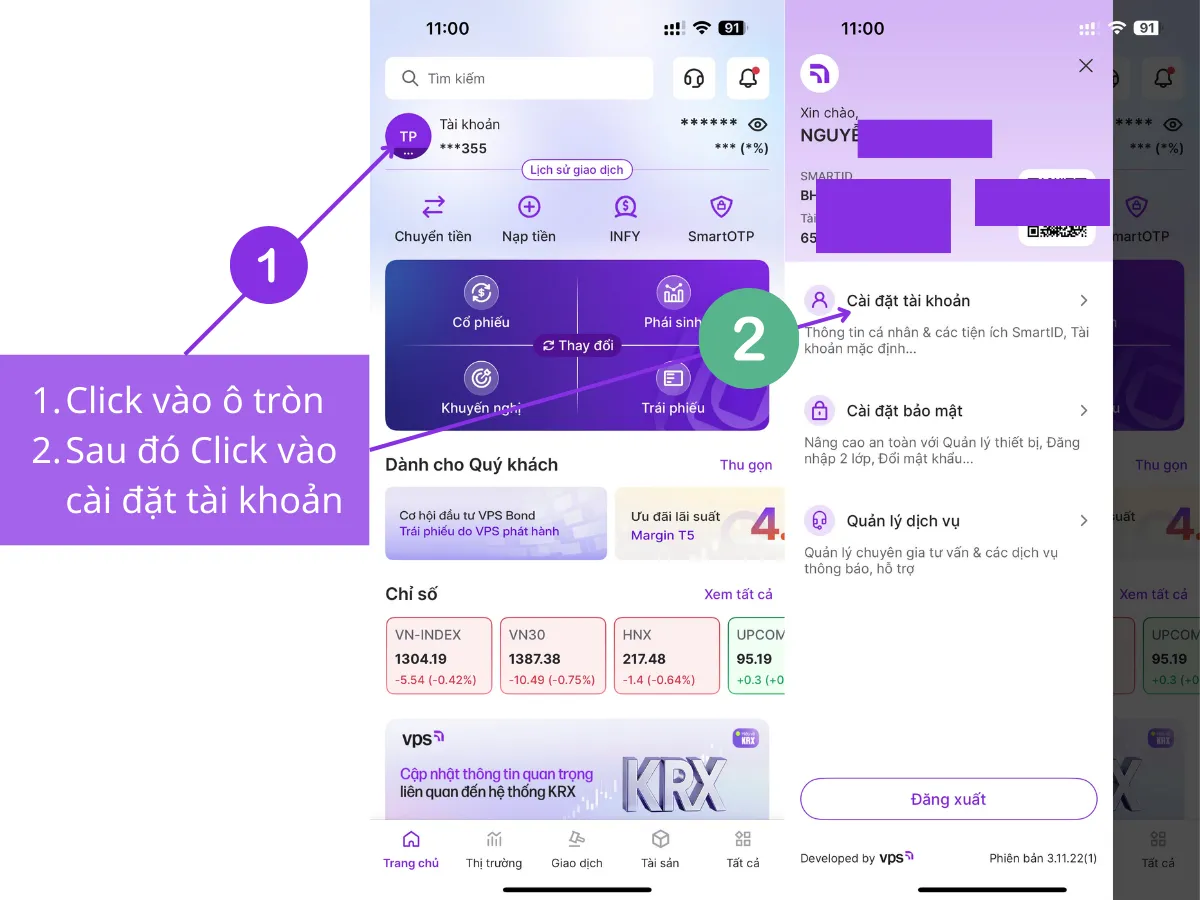 Click vào thông tin tài khoản để xác thực tài khoản chứng khoán VPS ở VPS Smartone