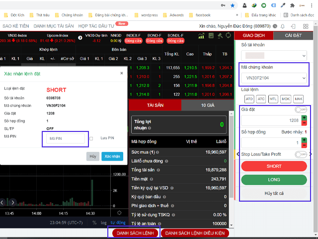 Cách đặt lệnh Long Short chứng khoán phái sinh trên VPS Smartpro