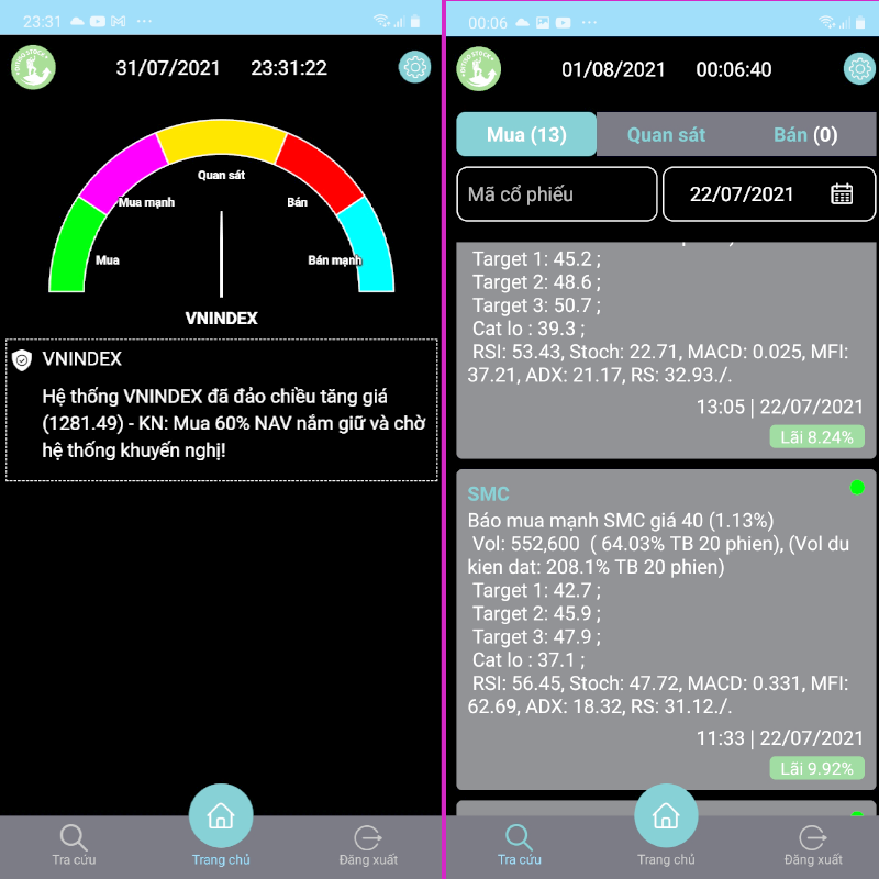 Giao dien app robot chung khoan Ditiso