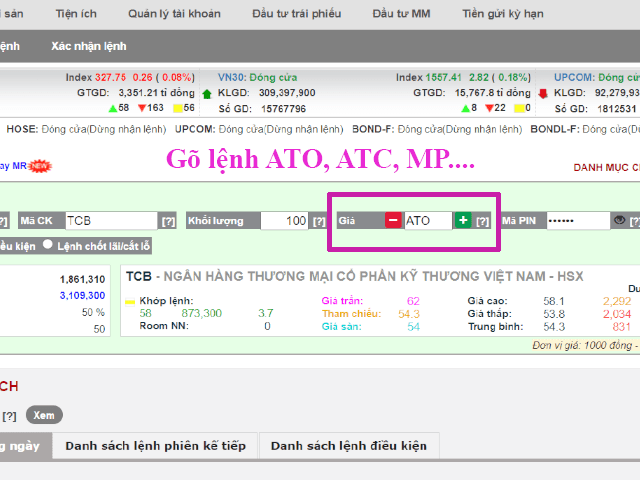 Cách đặt lệnh Mua/Bán cổ phiếu với lệnh ATO, ATC, MP... chứng khoán VPS