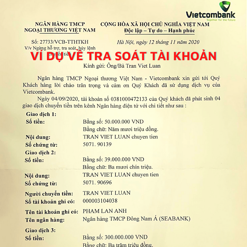 Ví dụ về tờ tra soát để xử lý chuyển nhầm tiền vào tài khoản chứng khoán VPS