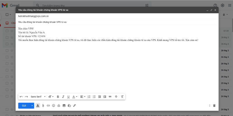 Gửi Email cho VPS để thực hiện cách xóa tài khoản chứng khoán VPS Online
