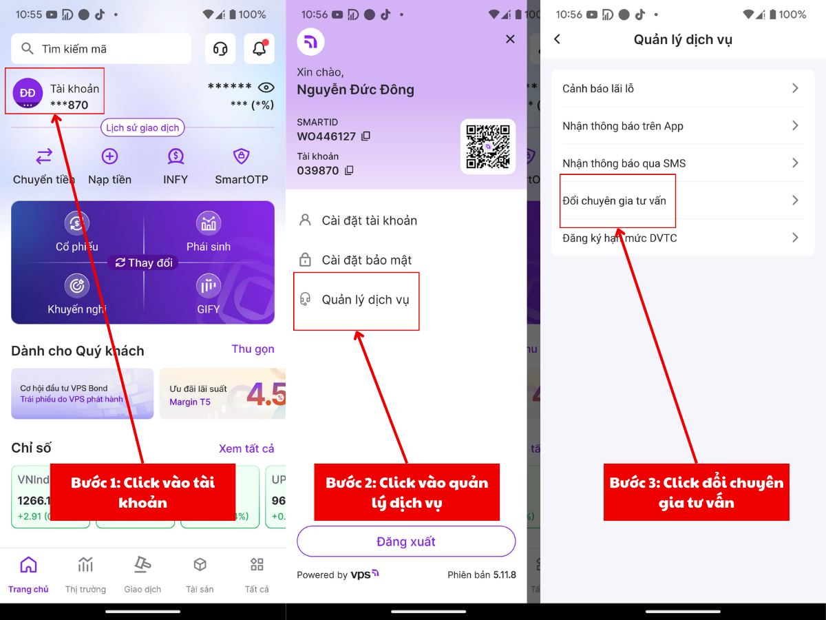 Hướng dẫn cách đổi chuyên gia tư vấn trên VPS Smartone