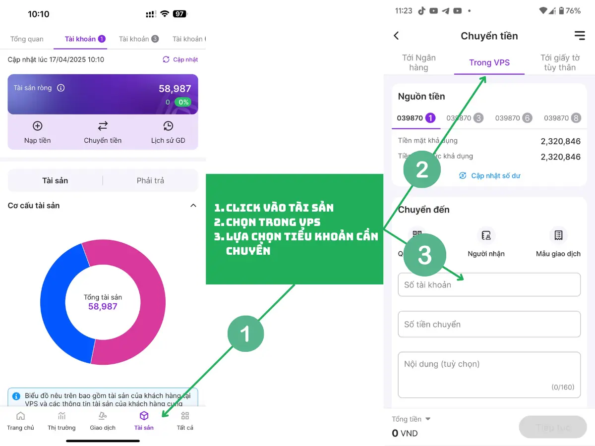 Cách chuyển khoản nội bộ VPS với giao diện App điện thoại VPS Smartone