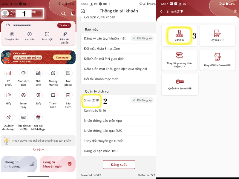 Nhà đầu tư làm theo thứ tự hướng dẫn cách đăng ký Smart OTP của VPS