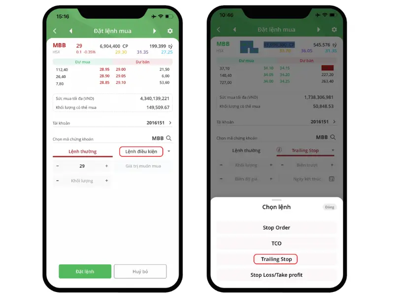 Chọn lệnh điều kiện Trailing Stop
