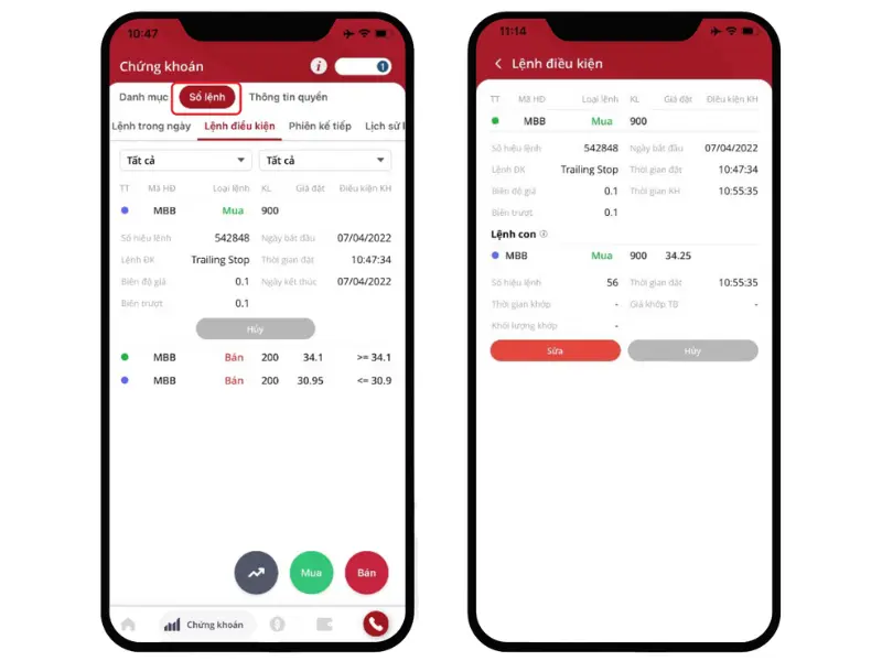Kiểm tra thông tin đặt lệnh điều kiện Trailing Stop