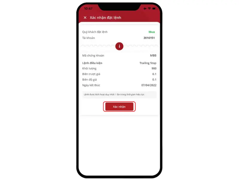Xác nhận để hoàn tất đặt lệnh điều kiện Trailing Stop