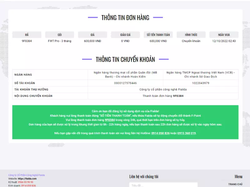 Chuyển khoản thanh toán Fialdata