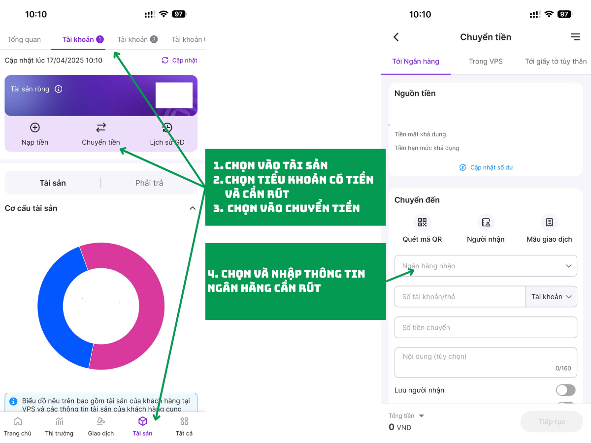 Rút tiền từ VPS về tài khoản ngân hàng trên App điện thoại VPS Smartone